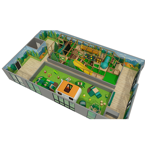 parco giochi al coperto a tema foresta con tunnel di scivoli e reti da arrampicata per bambini