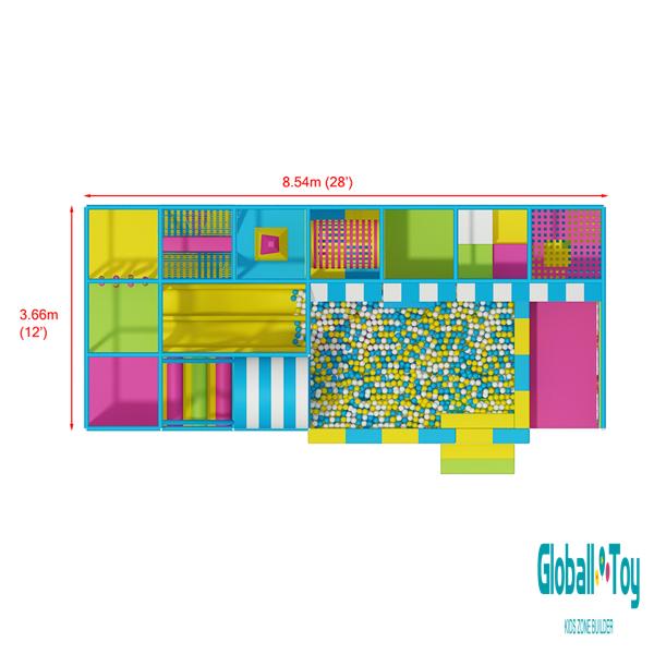 design modulare dell'area giochi con vasca con palline e scivolo e rete da arrampicata in corda