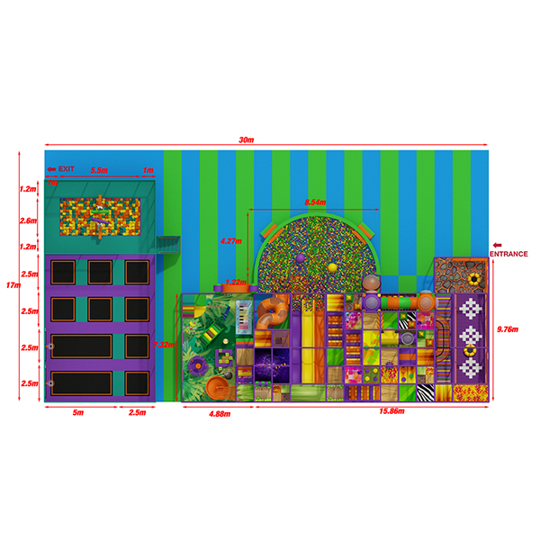 grande playground interno com trampolins, túneis e equipamentos para jogos de aventura