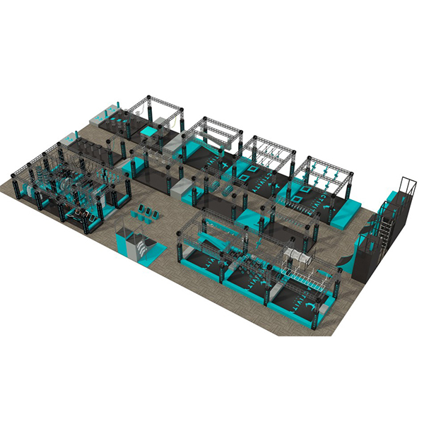 Ninja-Krieger-Hindernisparcourspark mit Kletternetzen, Seilen und Gleichgewichtsherausforderungen für Erwachsene und Jugendliche