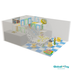 Pequeno playground interno com slide duplo e poço de bola para crianças pequenas