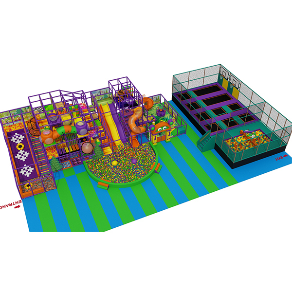parco trampolino, parco giochi al coperto con scivoli, piscina con palline e strutture di arrampicata per bambini