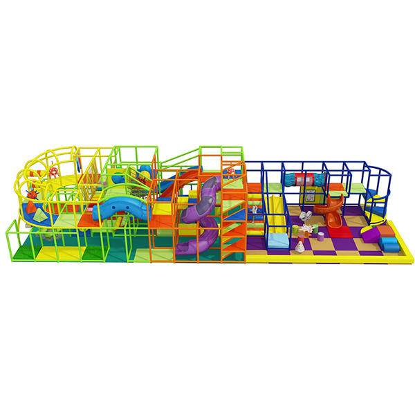 estrutura lúdica modular colorida com estruturas de escalada e obstáculos de espuma para crianças