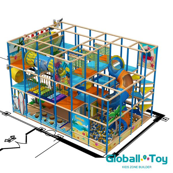Aire de jeux int&eacute;rieure sur le th&egrave;me de l'oc&eacute;an avec toboggan en spirale et piscine &agrave; balles pour les enfants