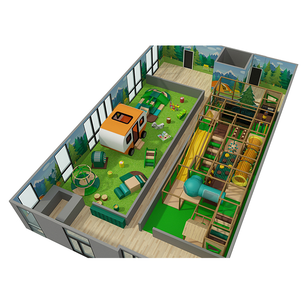 struttura giochi al coperto per avventure in campeggio con scivoli e area giochi morbida per i pi&ugrave; piccoli