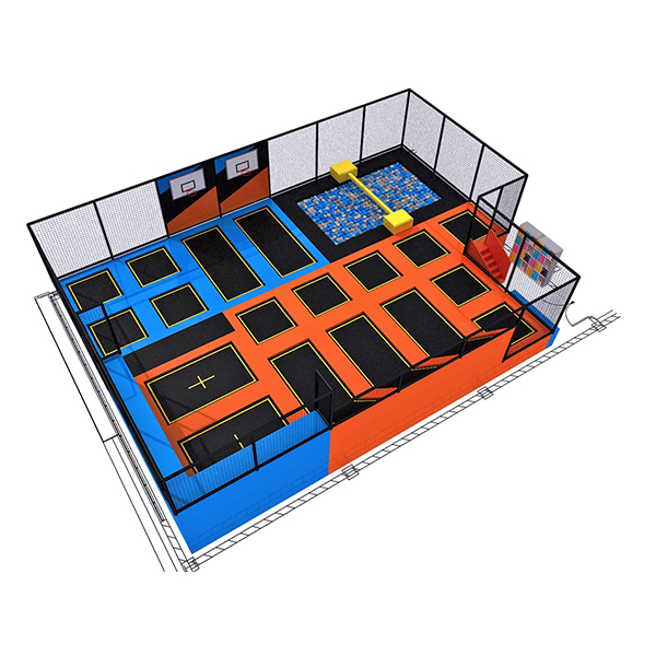 parc de trampolines intérieur bleu et orange avec fosse à mousse et paniers de basket pour les gymnases