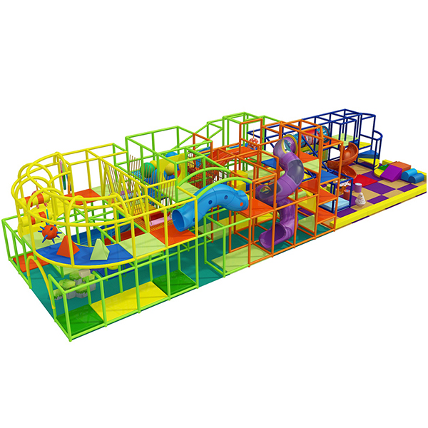 taman bermain dalam ruangan warna pelangi dengan terowongan seluncuran spiral dan area bermain lembut untuk anak-anak