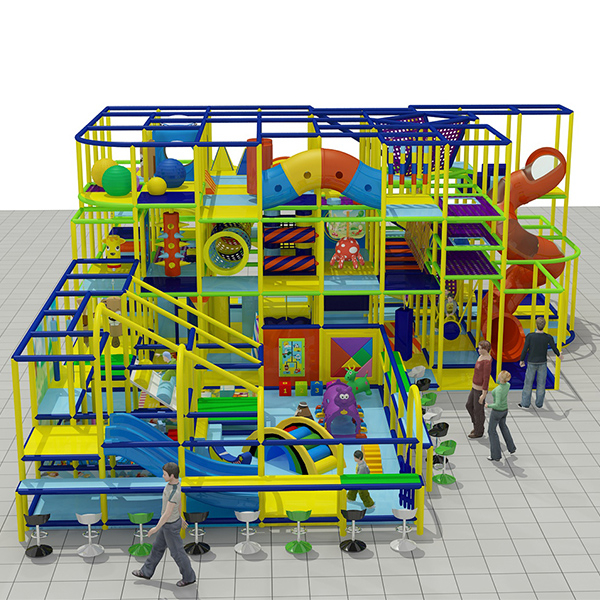 grande aire de jeux intérieure avec toboggans en spirale et parcours d'obstacles pour les enfants