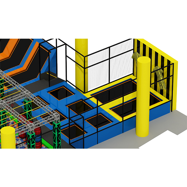 grote indoor trampolinespeeltuin met basketbalringen en avonturengedeelte