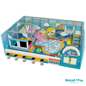 Gestaltung des Indoor-Spielbereichs f&uuml;r Kinder mit Kletternetz und Softplay-Tunnel im Gro&szlig;handel