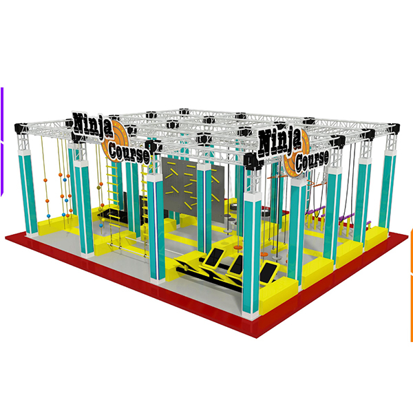 Gelber und blauer Ninja-Krieger-Hindernispark mit verzogener Wand und Seilparcours