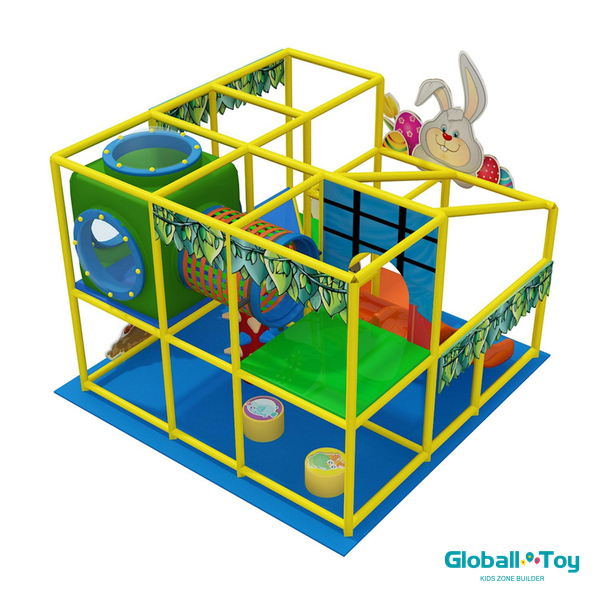 Kleiner Indoor-Spielplatz zum Thema Kaninchen mit Tunnelr&ouml;hre und Doppelrutsche