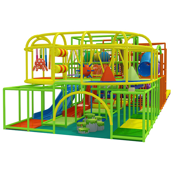 tata letak taman bermain dalam ruangan komersial dengan slide dan terowongan desain pelangi